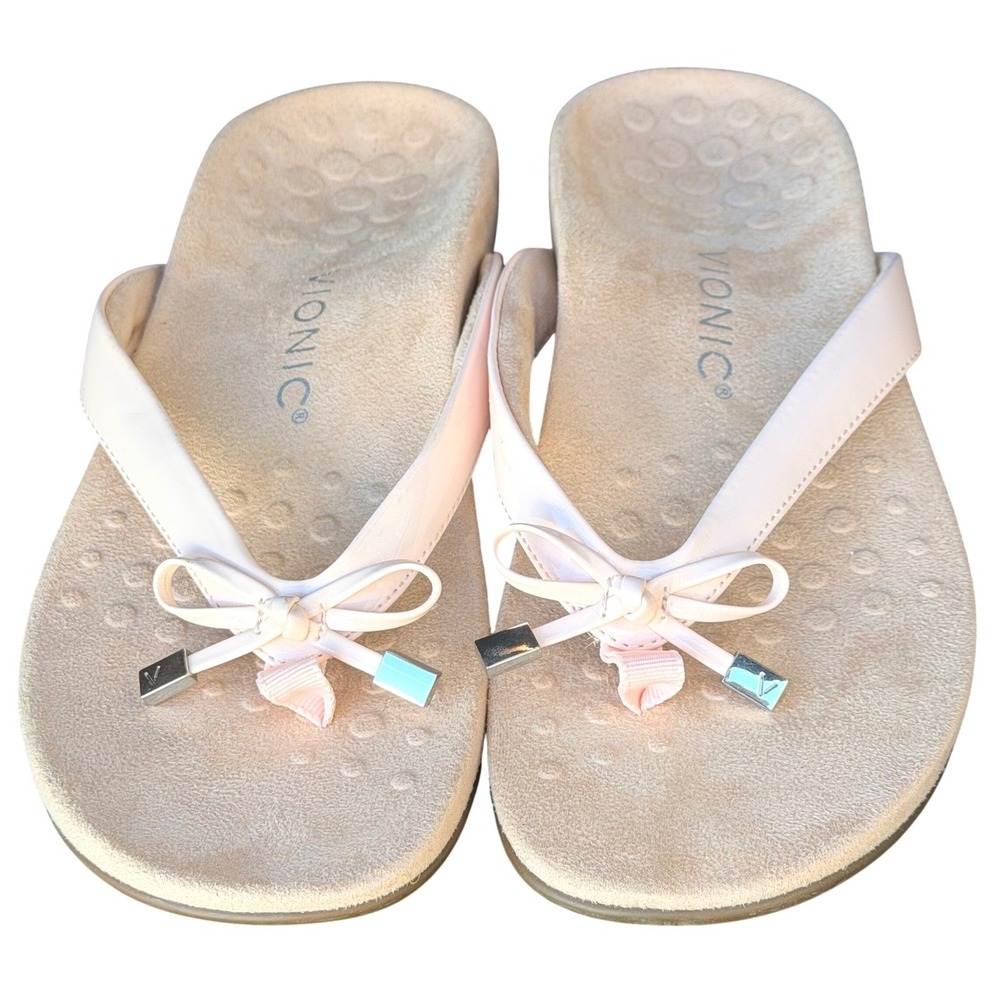 Vionic Bella II Sandals Womens 8 Pink Patent Leather Orthotic Bow Flip Flops